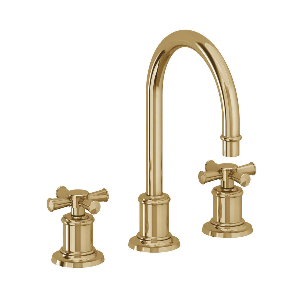 California Faucets Miramar Llave de Lavabo de 3 Orificios para Cubierta, con Dos Manerales - Manija de Cruz - Oro Francés