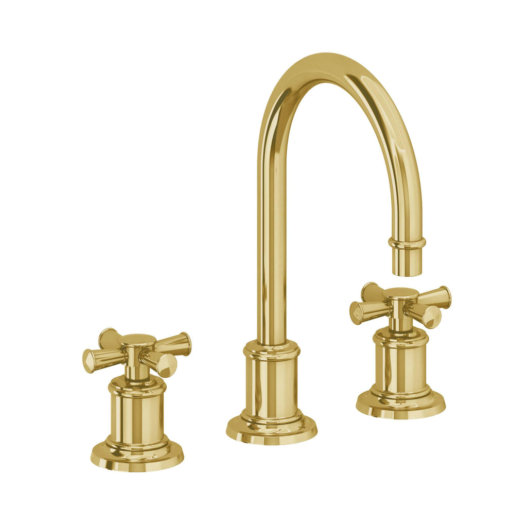 California Faucets Miramar Llave de Lavabo de 3 Orificios para Cubierta, con Dos Manerales - Manija de Cruz - Oro Pulido de por Vida
