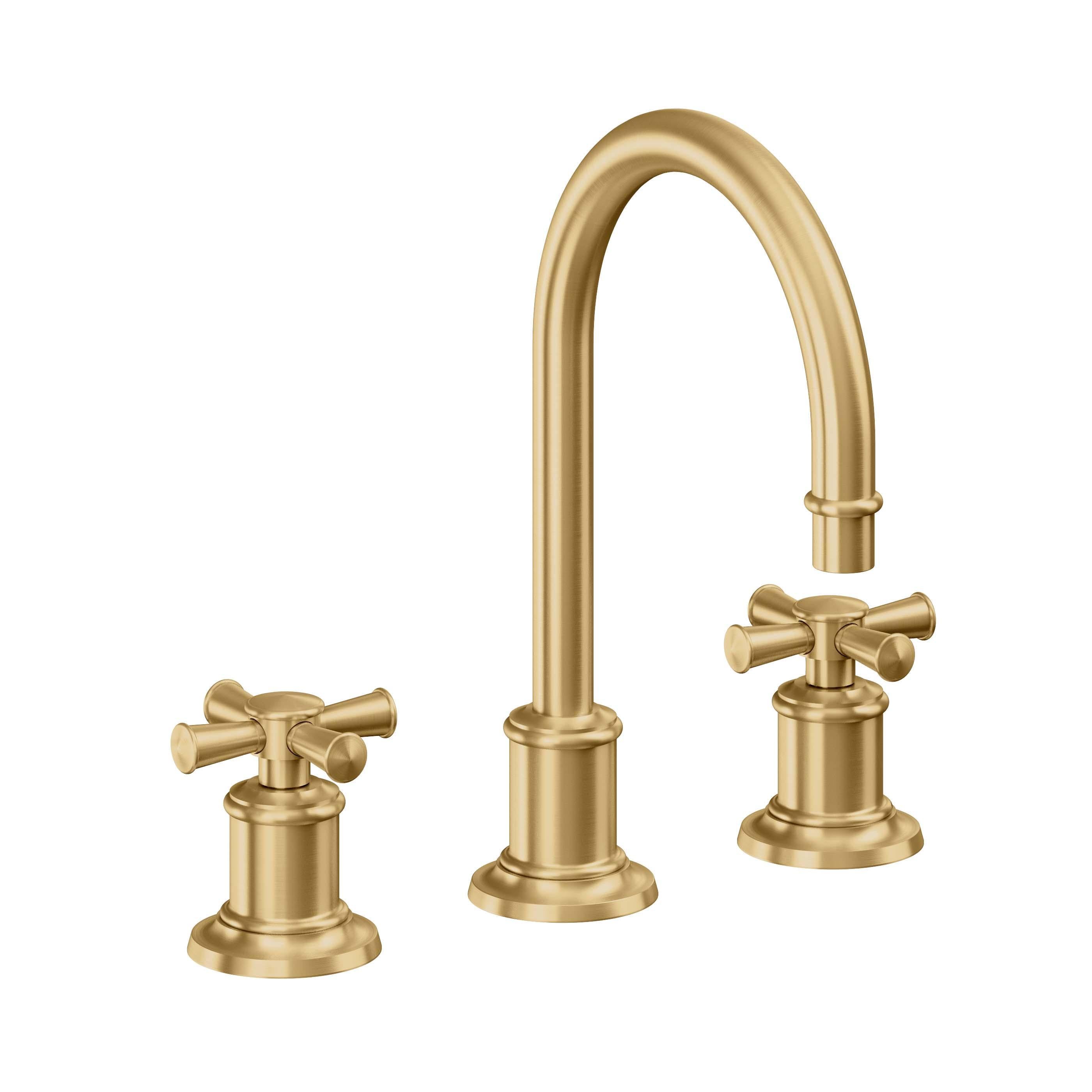 California Faucets Miramar Llave de Lavabo de 3 Orificios para Cubierta, con Dos Manerales - Manija de Cruz - Oro Satinado de por Vida