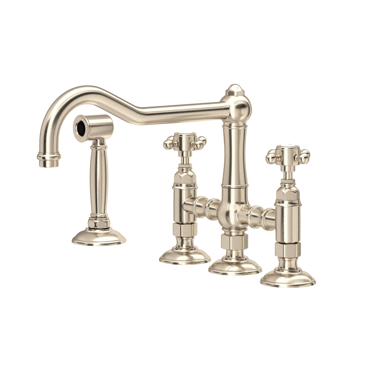 Rohl Acqui Mezcladora de Cocina Tipo Puente con Aspersor Lateral - Manija de Cruz - Níquel Satinado