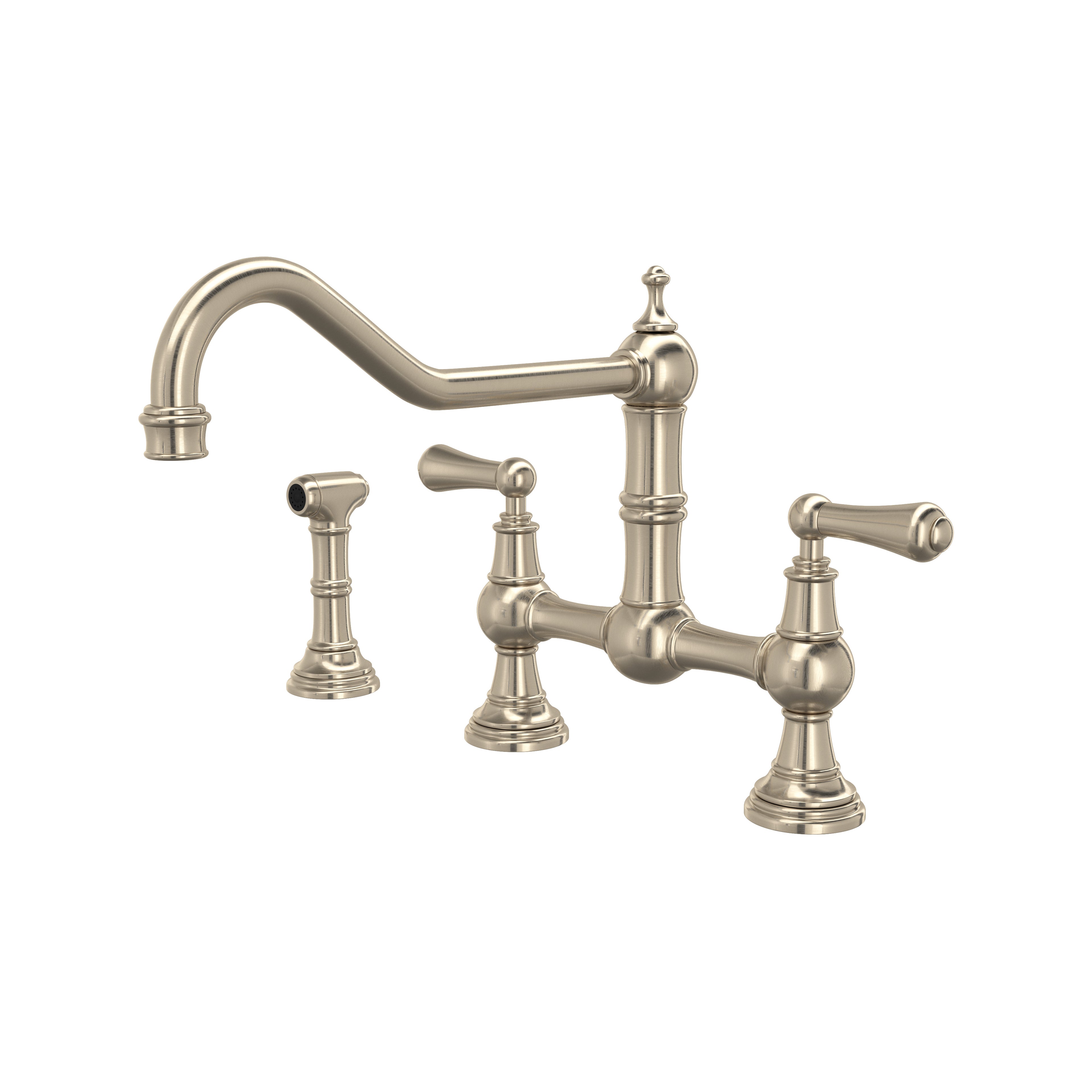 Rohl Edwardian Mezcladora de Cocina Tipo Puente Surtidor de Alcance Extendido con Aspersor Lateral - Níquel Satinado