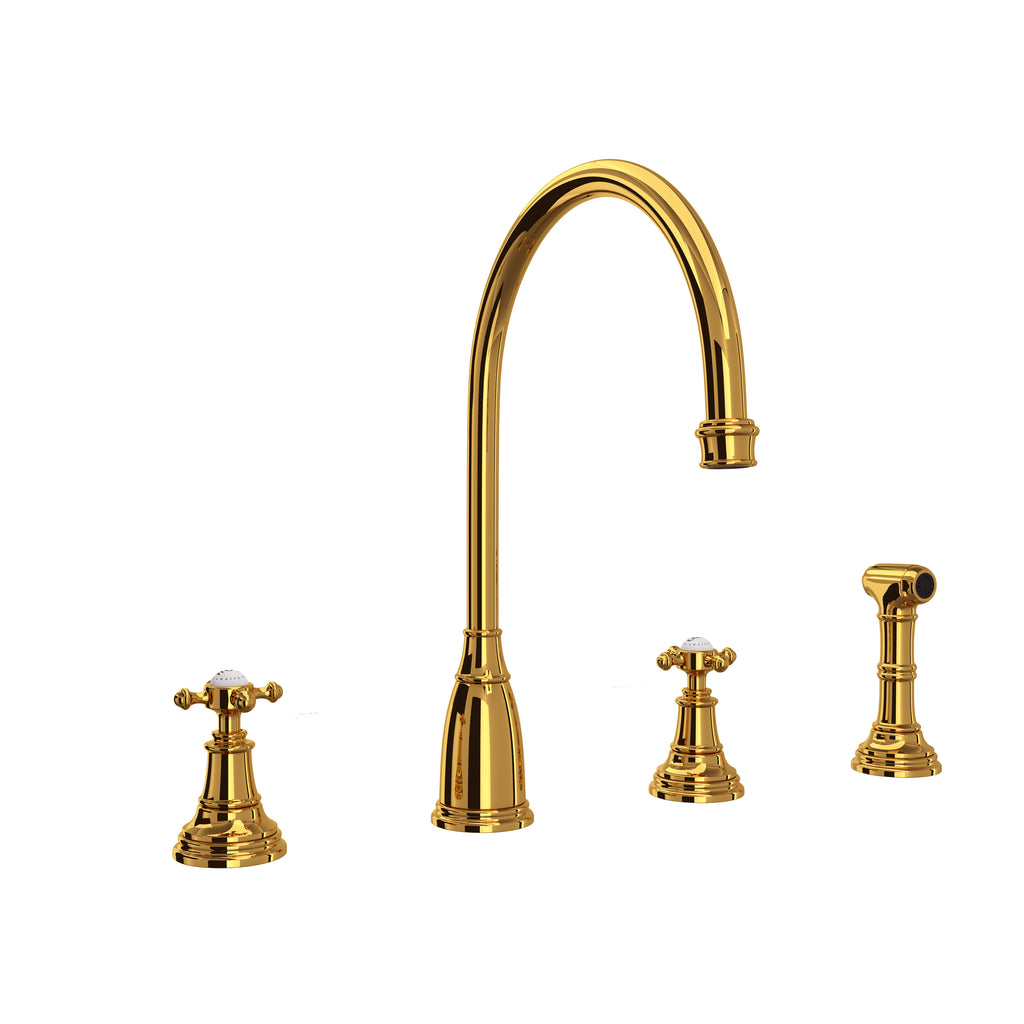 Rohl Georgian Era Mezcladora de Cocina de Dos Manijas con Aspersor Lateral - Manija de Cruz - Latón sin Laca