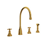 Rohl Georgian Era Mezcladora de Cocina de Dos Manijas con Aspersor Lateral - Manija de Cruz - Latón sin Laca