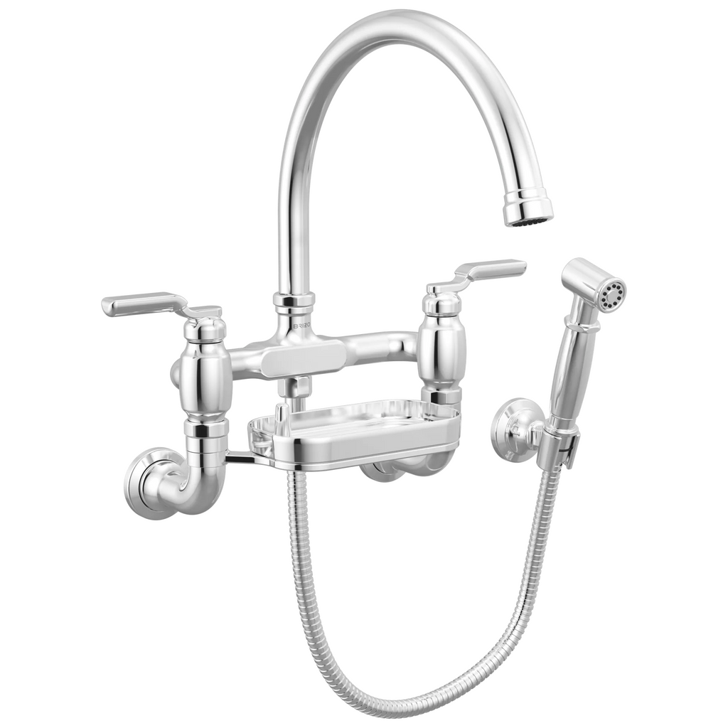 Brizo Faircroft Mezcladora Puente de Pared — Surtidor en Arco con Rociador Lateral — Cromo — Manija Industrial