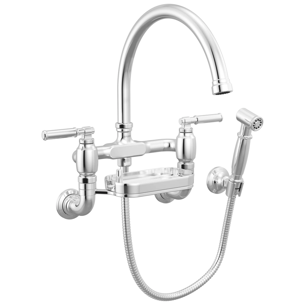 Brizo Faircroft Mezcladora Puente de Pared — Surtidor en Arco con Rociador Lateral — Cromo — Manija Coin Edge