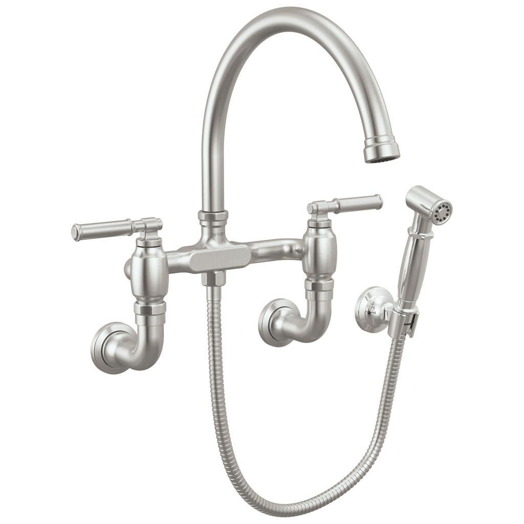 Brizo Faircroft Mezcladora Puente de Pared — Surtidor en Arco con Rociador Lateral — Acero Inoxidable — Manija Coin Edge