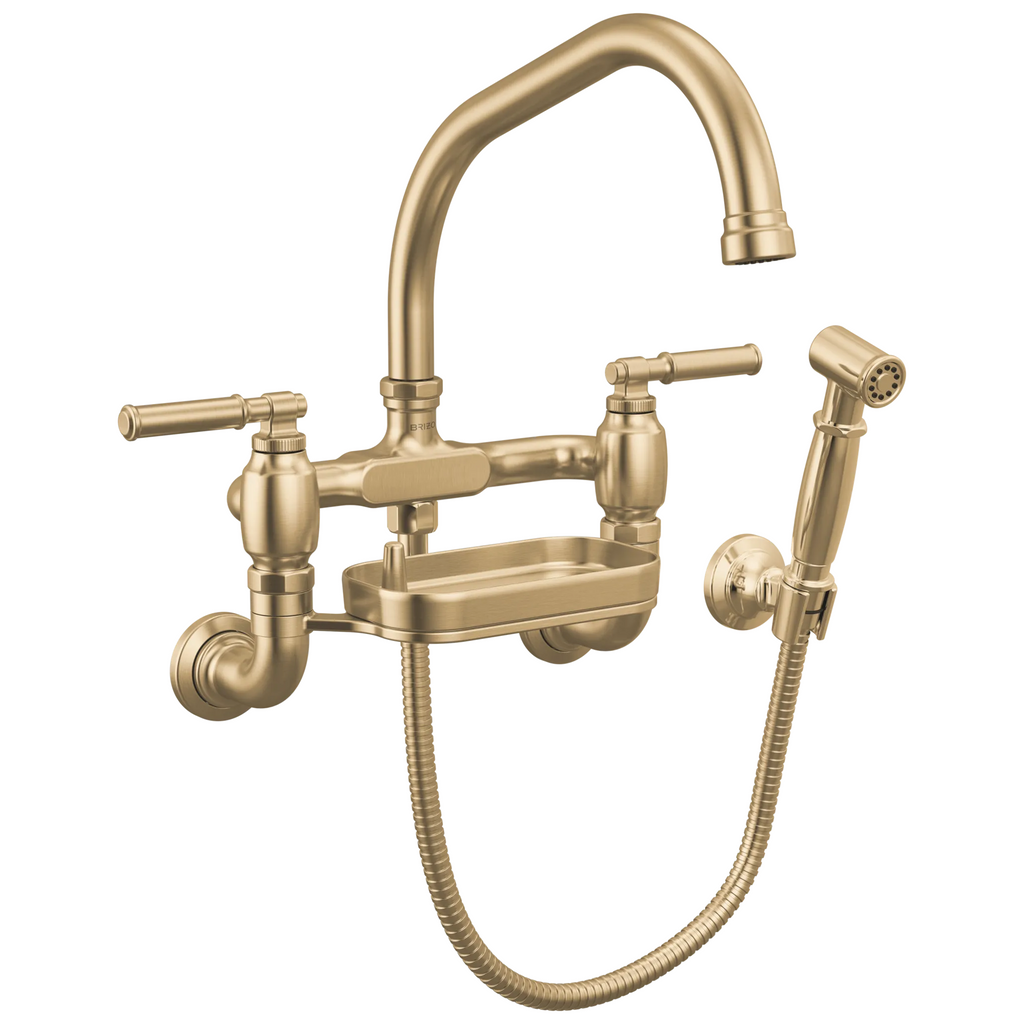 Brizo Faircroft Mezcladora Puente de Pared — Surtidor en Ángulo con Rociador Lateral — Oro Luxe — Manija Coin Edge
