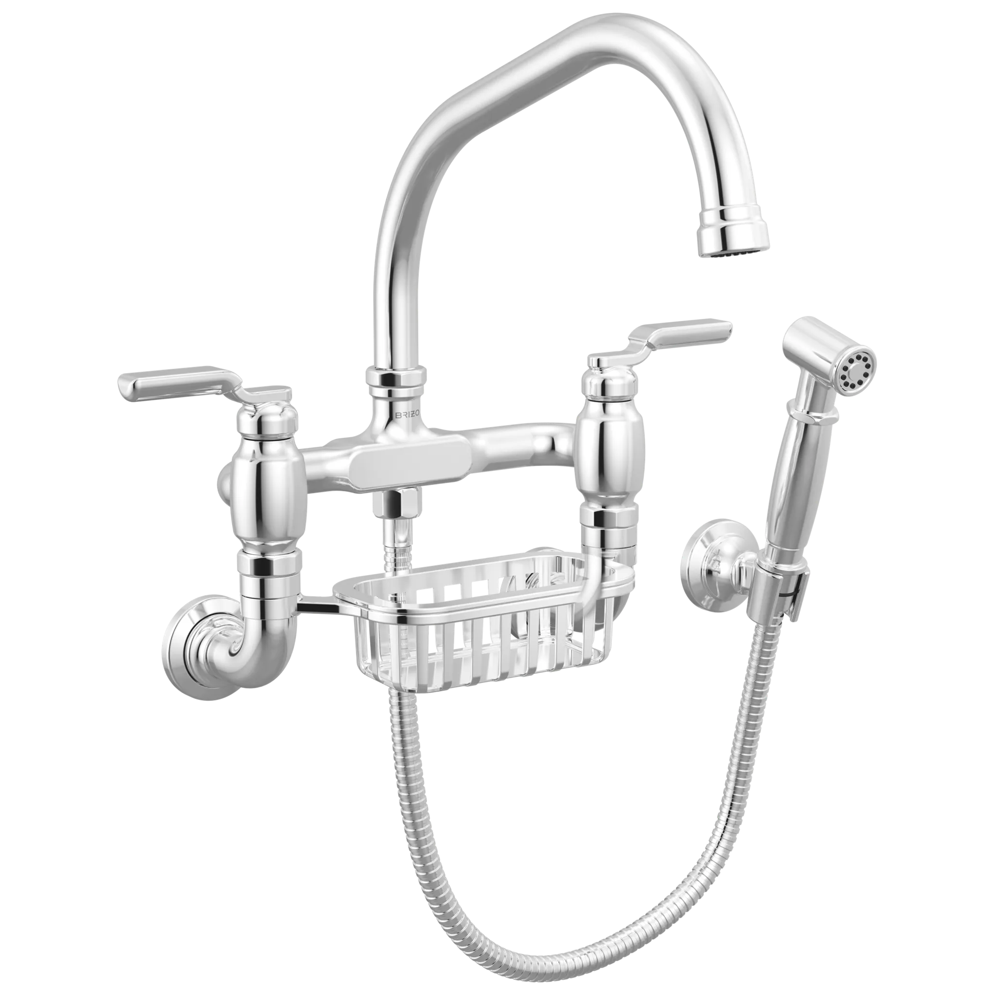 Brizo Faircroft Mezcladora Puente de Pared — Surtidor en Ángulo con Rociador Lateral — Cromo — Manija Industrial