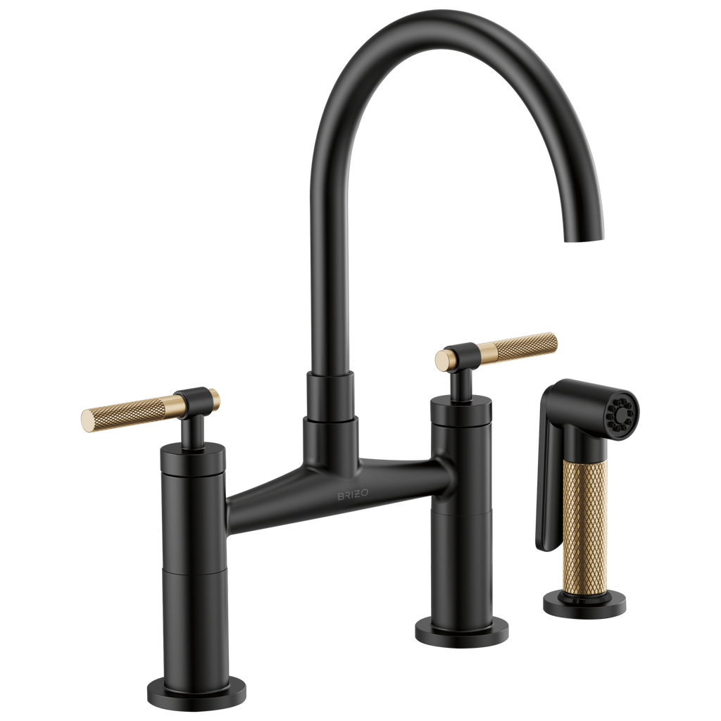 Brizo Litze Mezcladora Puente — Surtidor en Arco, Manija Knurled — Negro Mate/Oro Luxe