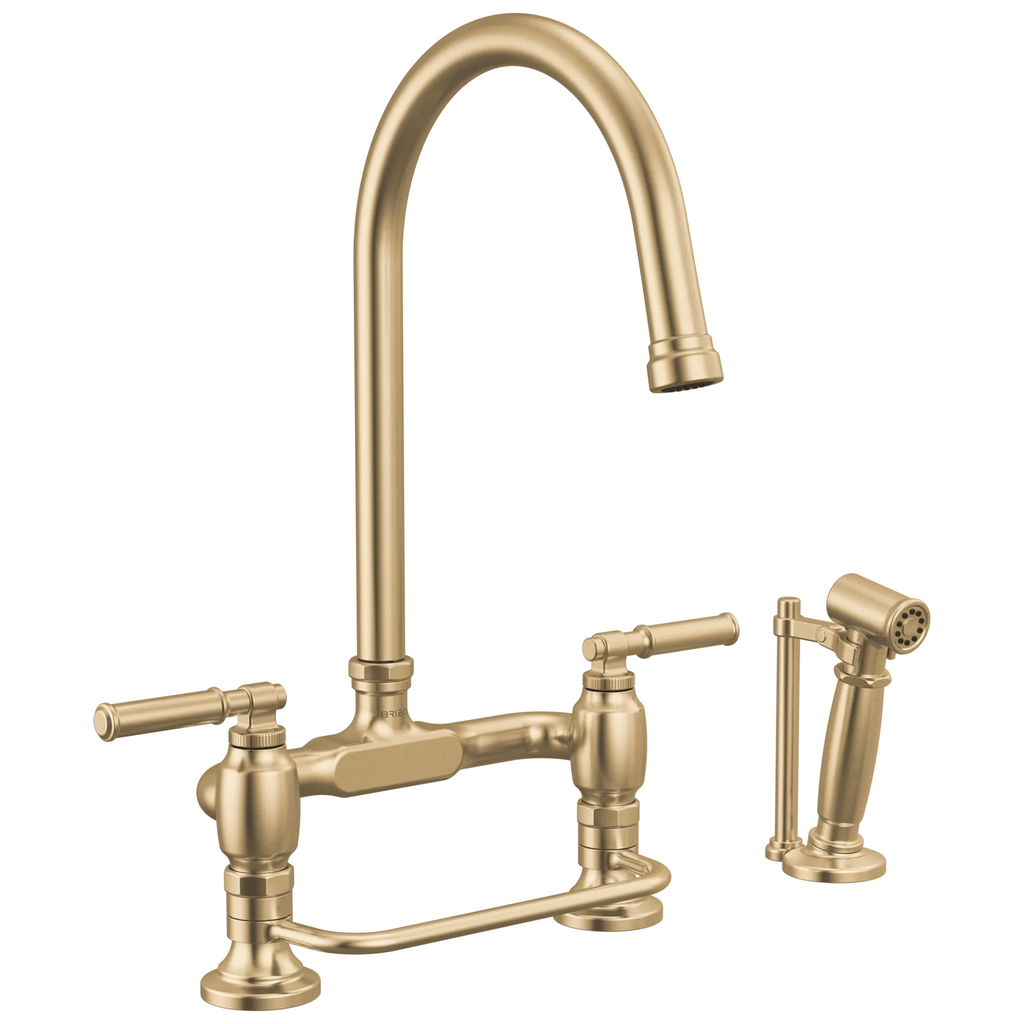 Brizo Faircroft Mezcladora Puente de Cubierta — Surtidor en Arco con Rociador Lateral — Oro Luxe — Manija Coin Edge