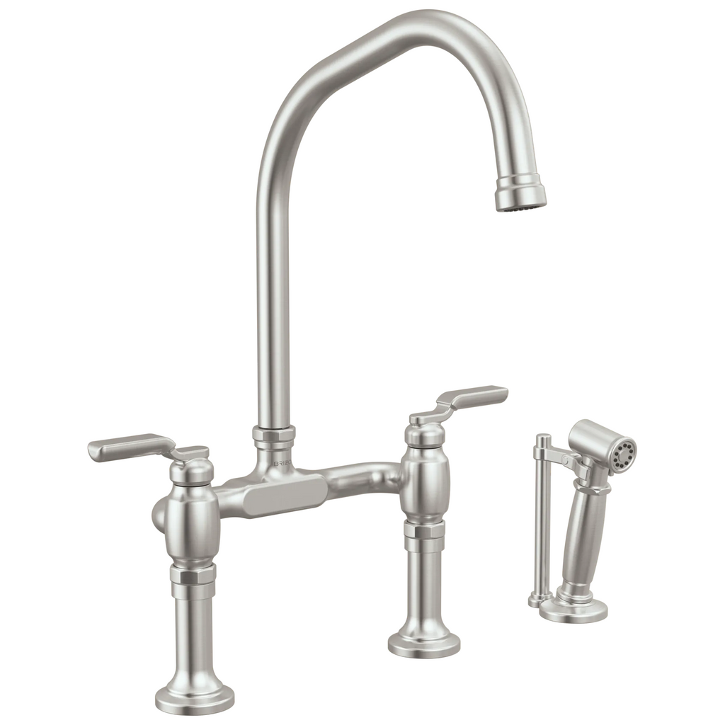 Brizo Faircroft Mezcladora Puente de Cubierta — Surtidor en Ángulo con Rociador Lateral — Acero Inoxidable — Manija Industrial