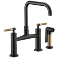 Brizo Litze Mezcladora Puente — Surtidor Cuadrado, Manija Knurled — Negro Mate/Oro Luxe