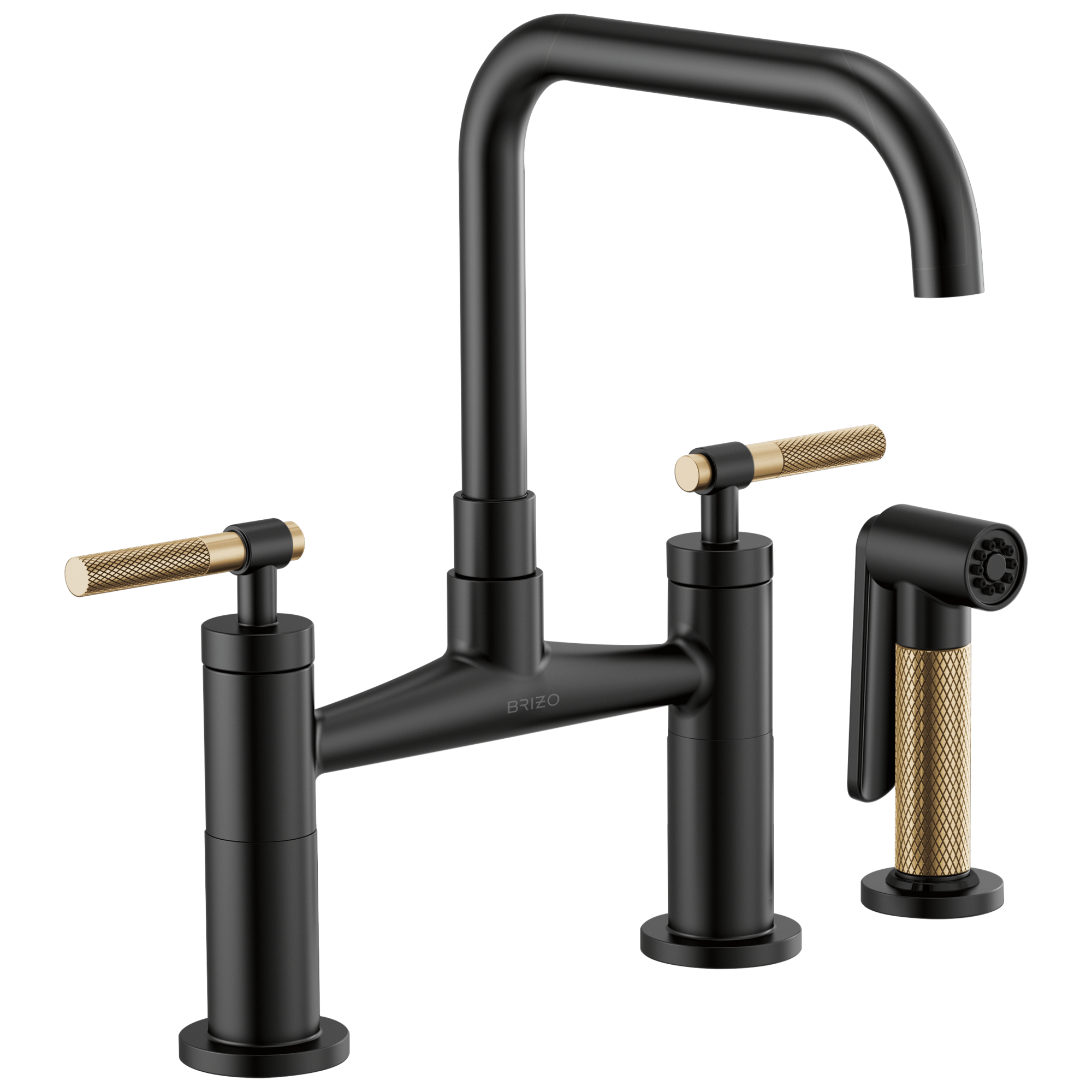 Brizo Litze Mezcladora Puente — Surtidor Cuadrado, Manija Knurled — Negro Mate/Oro Luxe