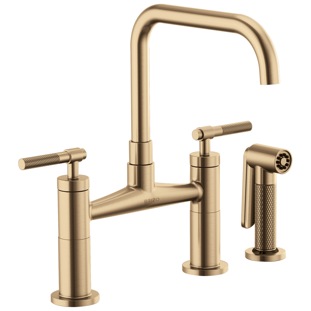 Brizo Litze Mezcladora Puente — Surtidor Cuadrado, Manija Knurled — Oro Luxe