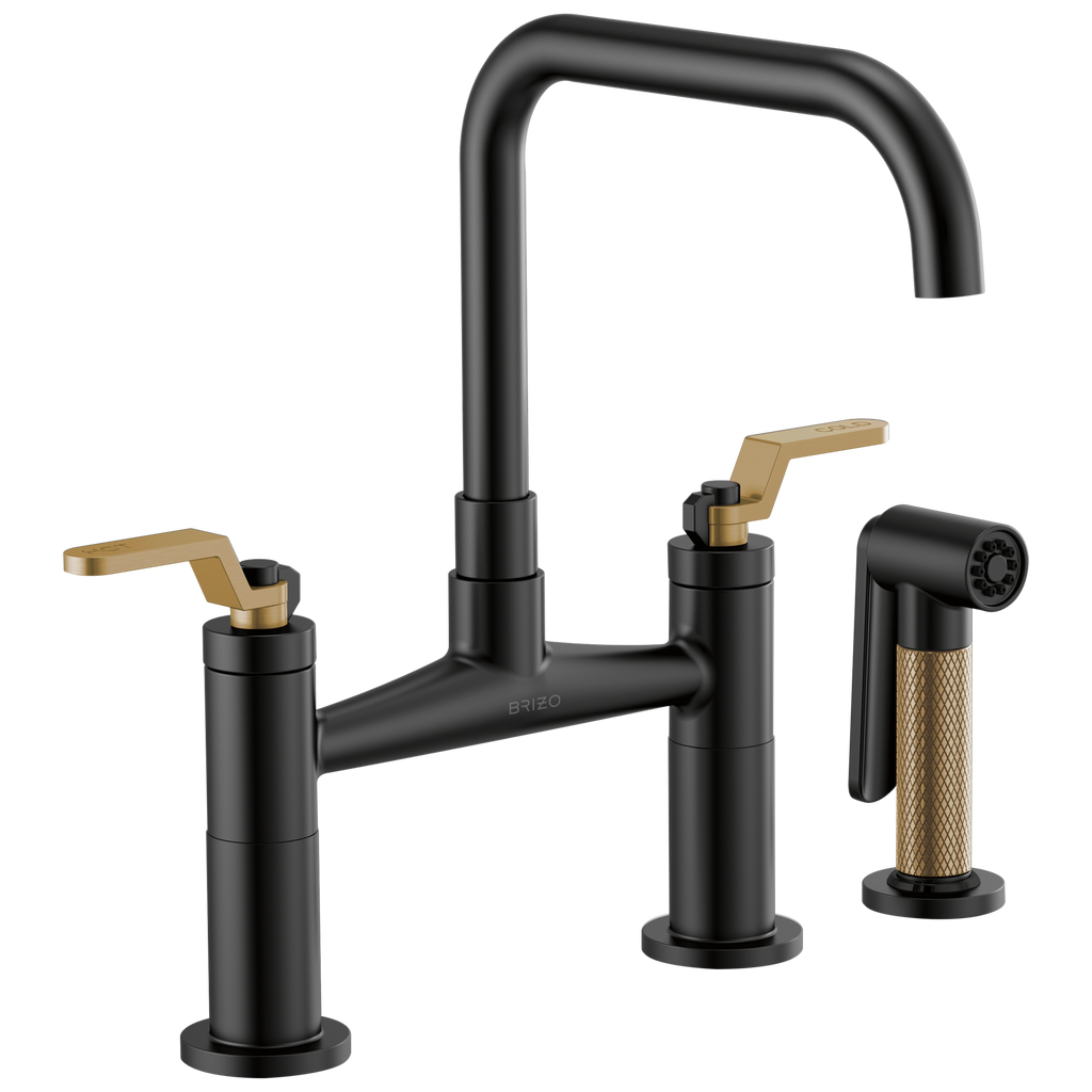 Brizo Litze Mezcladora Puente — Surtidor Cuadrado, Manija Industrial — Negro Mate/Oro Luxe