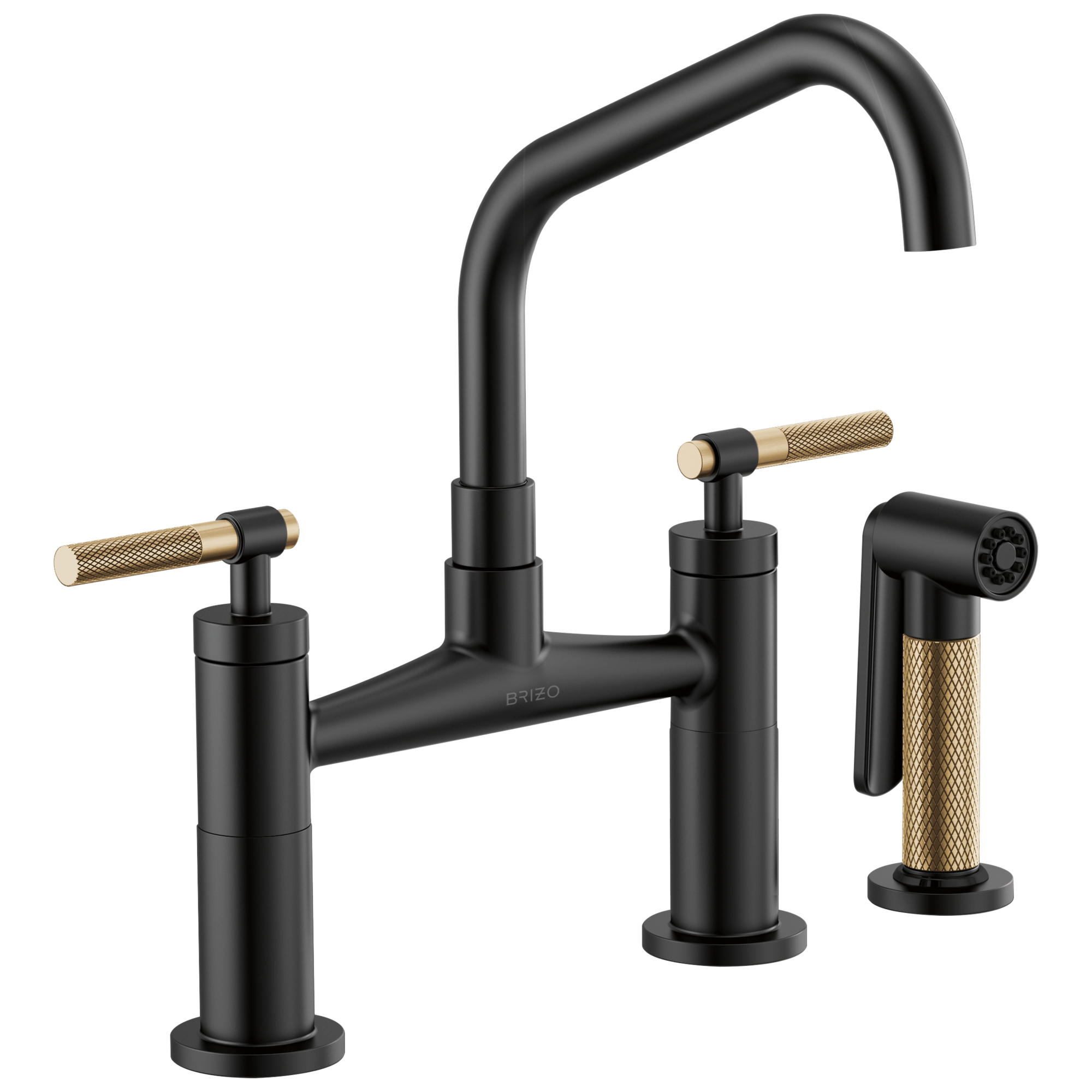 Brizo Litze Mezcladora Puente — Surtidor en Ángulo, Manija Knurled — Negro Mate/Oro Luxe