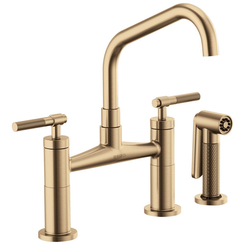 Brizo Litze Mezcladora Puente — Surtidor en Ángulo, Manija Knurled — Oro Luxe
