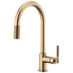 Brizo Litze Mezcladora Extraíble — Surtidor en Arco, Manija Knurled — Oro Luxe