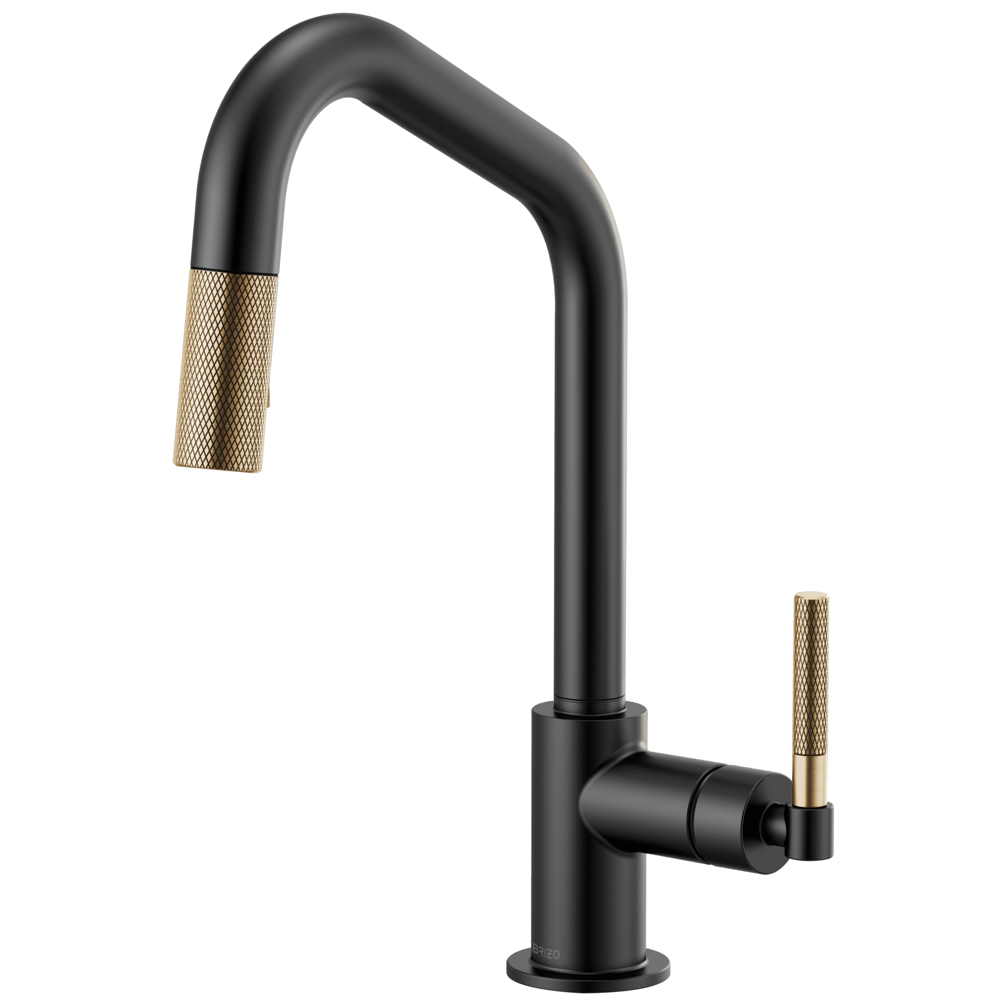 Brizo Litze Mezcladora Extraíble — Surtidor en Ángulo, Manija Knurled — Negro Mate/Oro Luxe