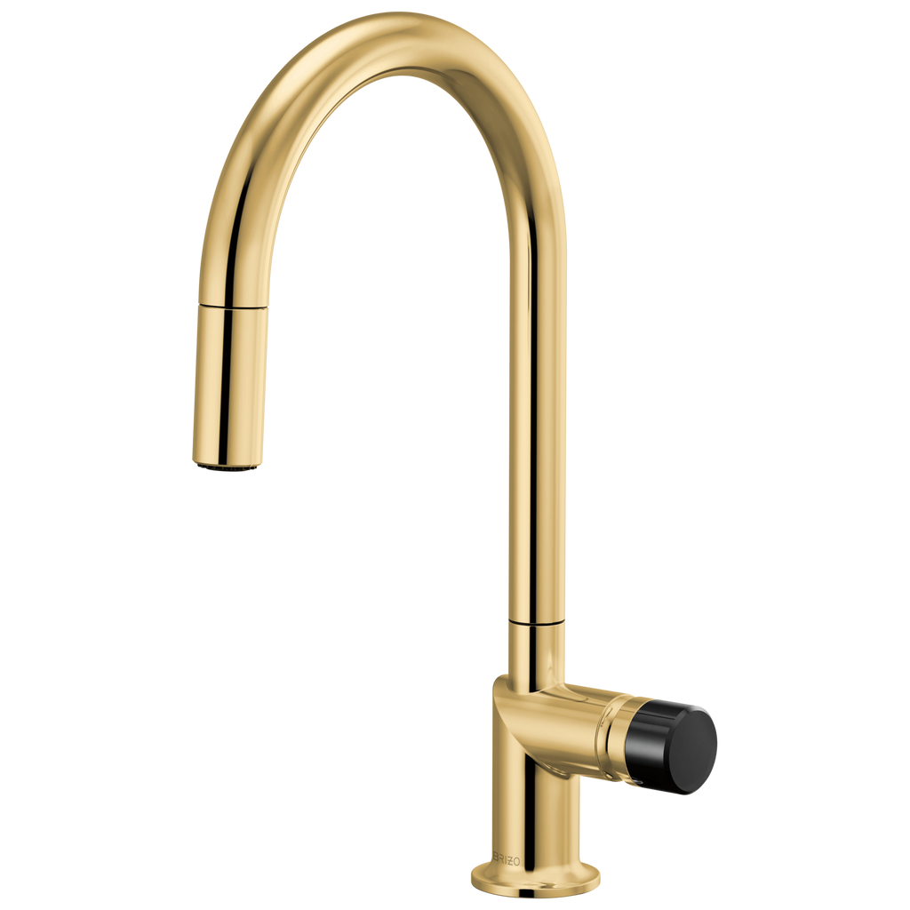 Brizo Odin Mezcladora Extraíble — Surtidor en Arco — Oro Pulido — Perilla con Cristal Negro