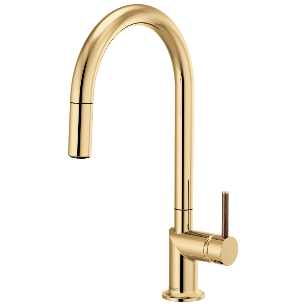 Brizo Odin Mezcladora Extraíble — Surtidor en Arco — Oro Pulido — Manija de Madera