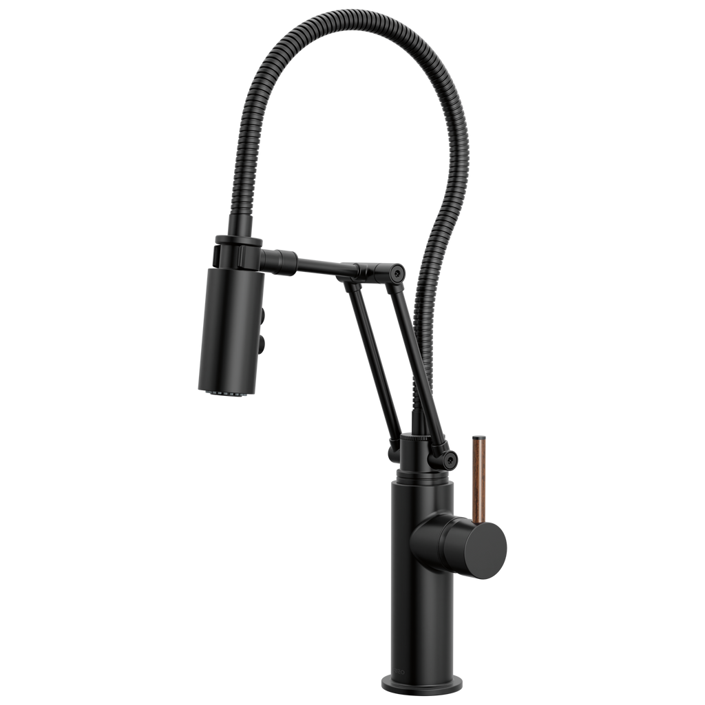 Brizo Odin Mezcladora Articulante con Manguera Integrada — Negro Mate — Manija de Madera