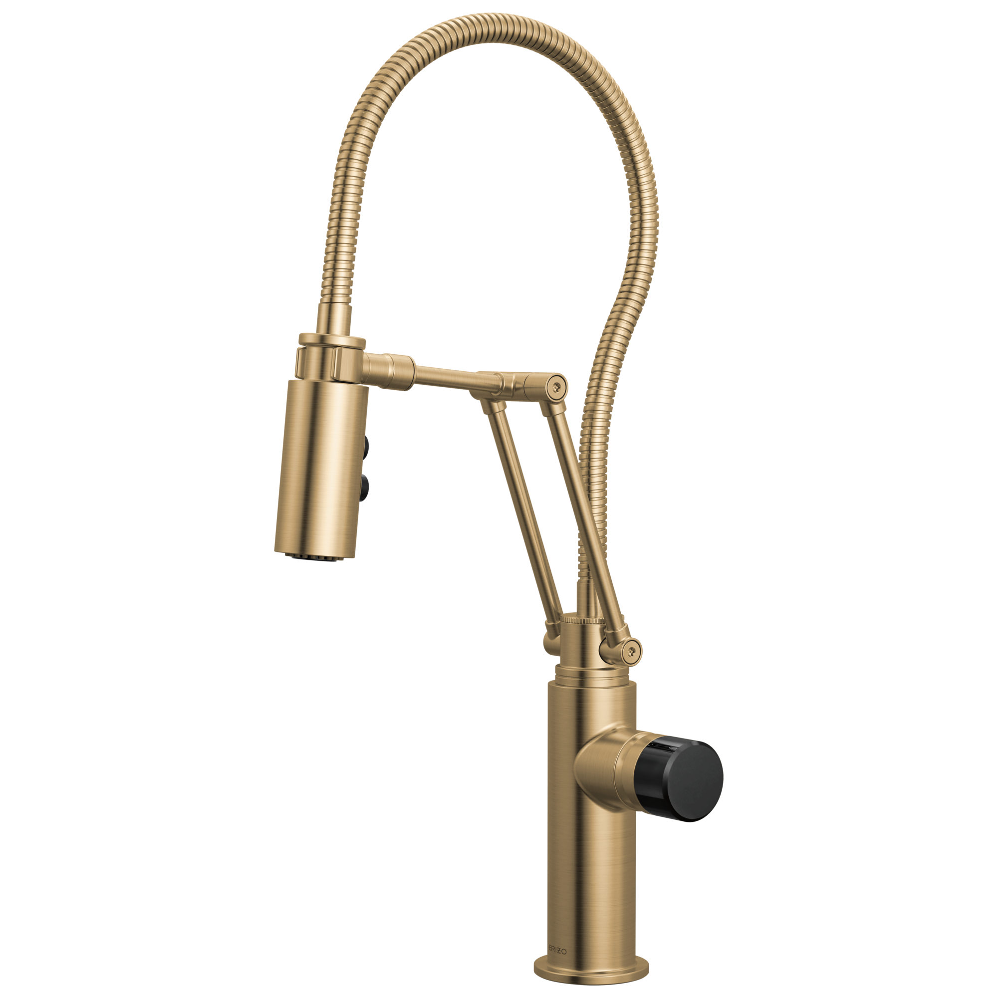 Brizo Odin Mezcladora Articulante con Manguera Integrada — Oro Luxe — Perilla con Cristal Negro