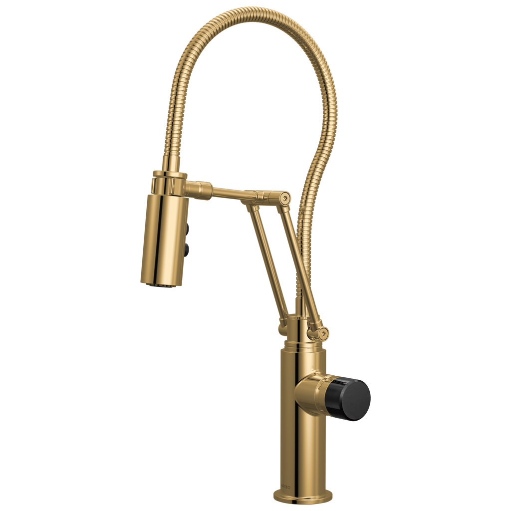 Brizo Odin Mezcladora Articulante con Manguera Integrada — Oro Pulido — Perilla con Cristal Negro
