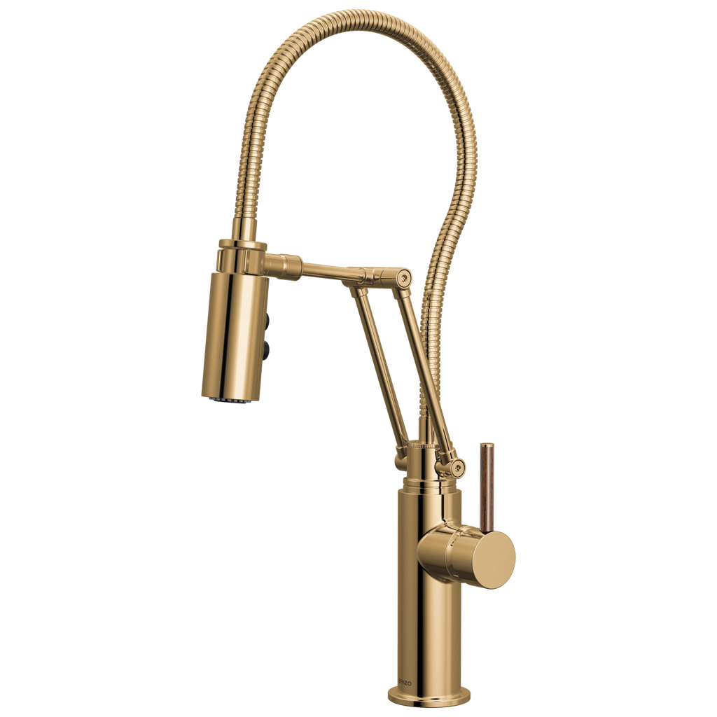 Brizo Odin Mezcladora Articulante con Manguera Integrada — Oro Pulido — Manija de Madera