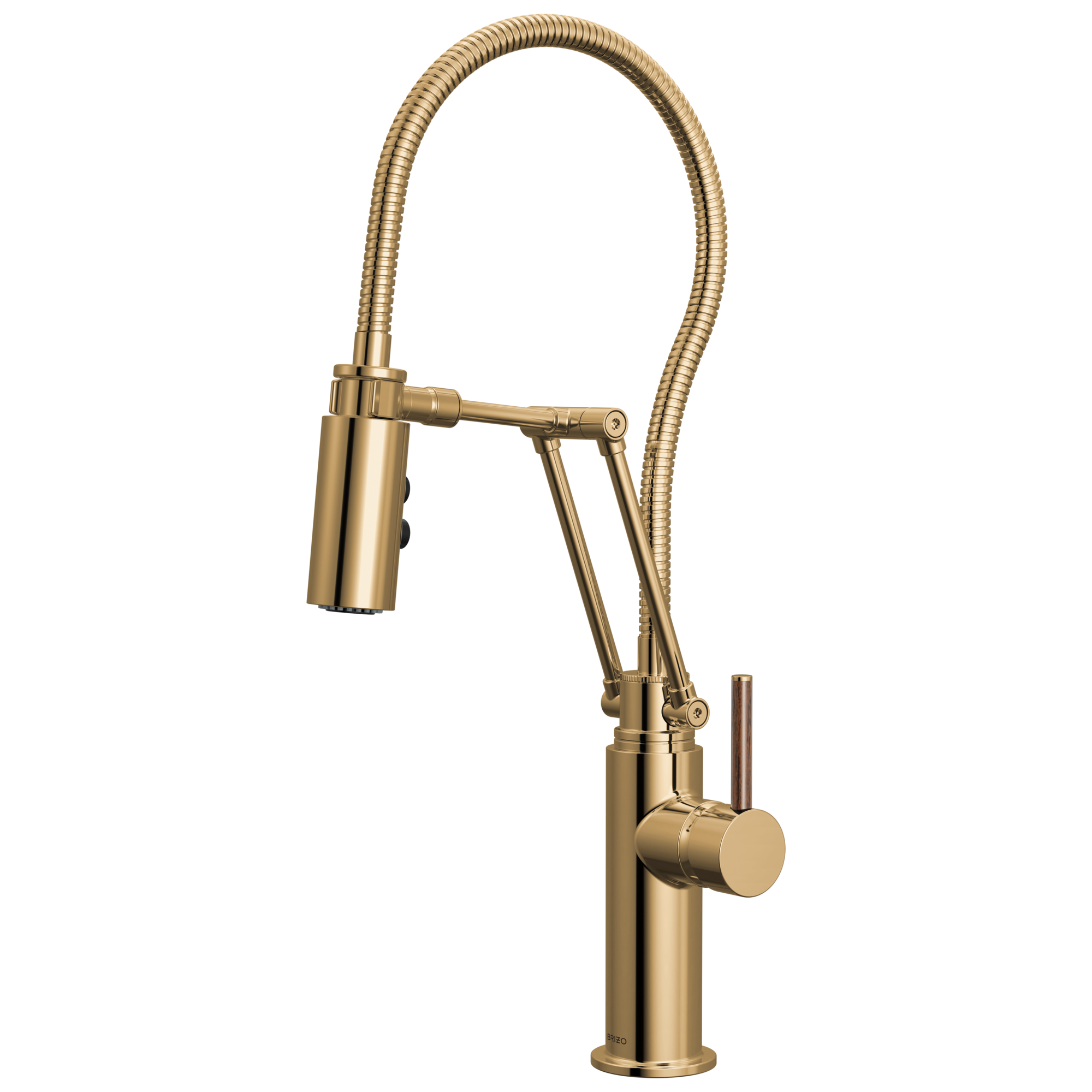 Brizo Odin Mezcladora Articulante con Manguera Integrada — Oro Pulido — Manija de Madera