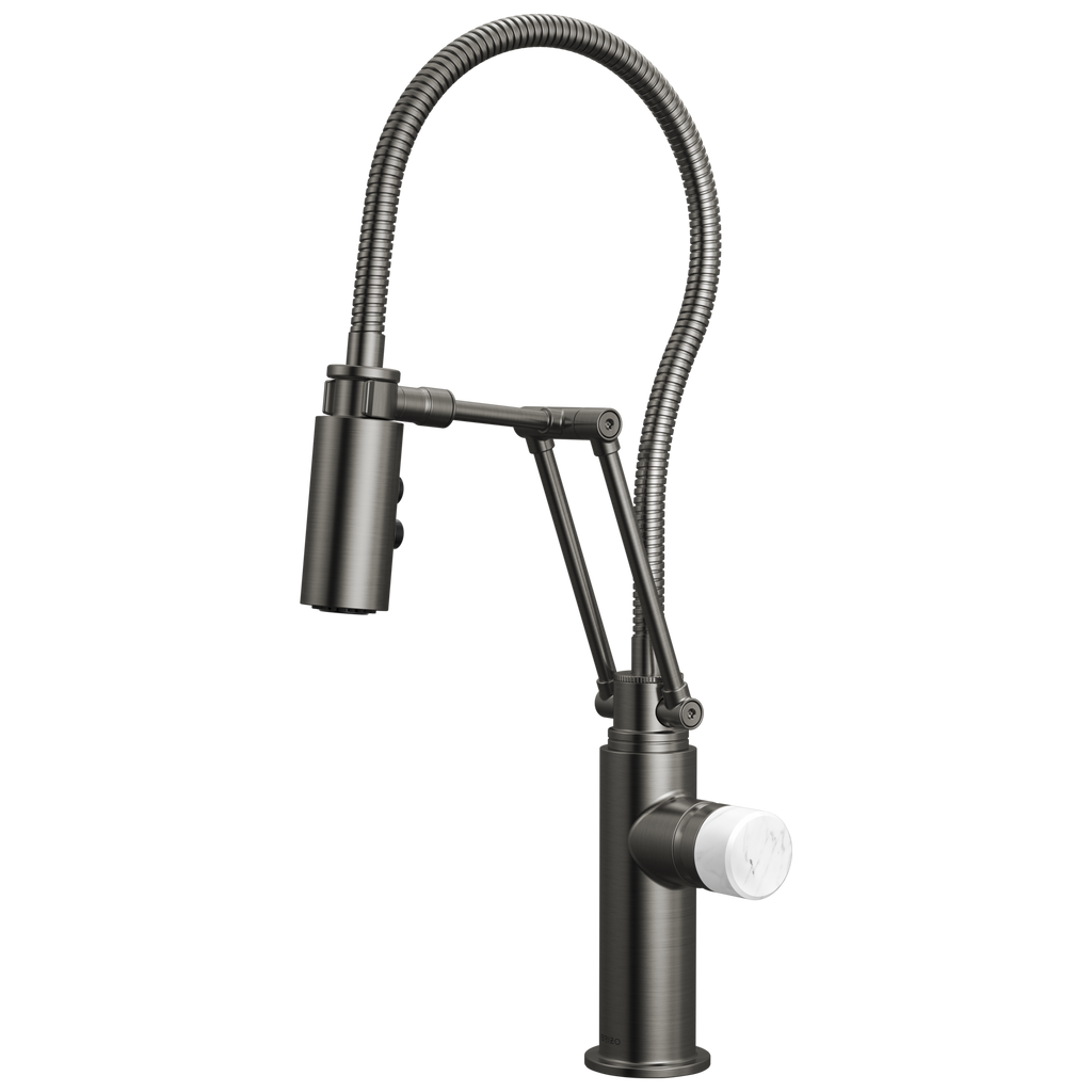 Brizo Odin Mezcladora Articulante con Manguera Integrada — Acero Luxe — Perilla de Mármol Blanco