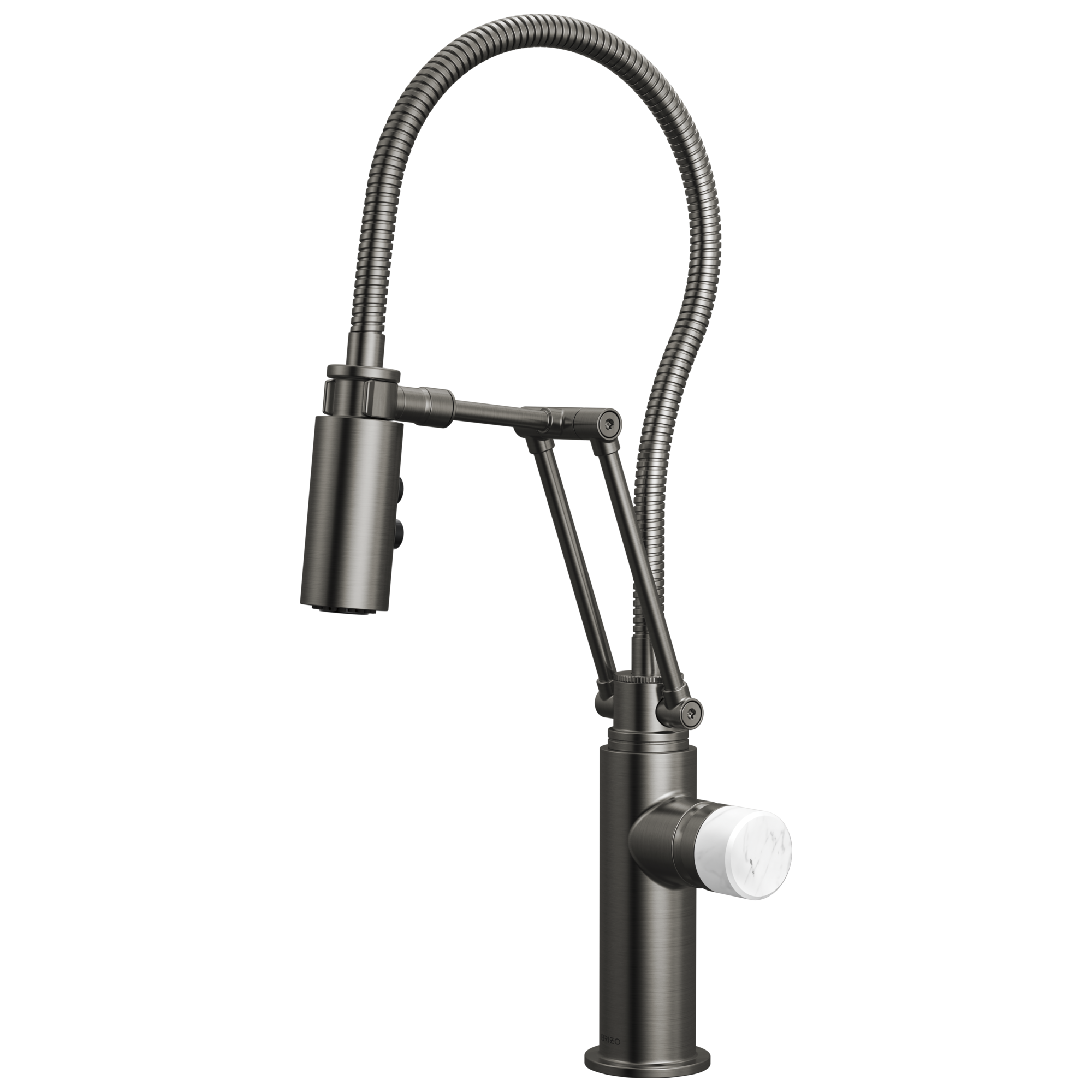 Brizo Odin Mezcladora Articulante con Manguera Integrada — Acero Luxe — Perilla de Mármol Blanco