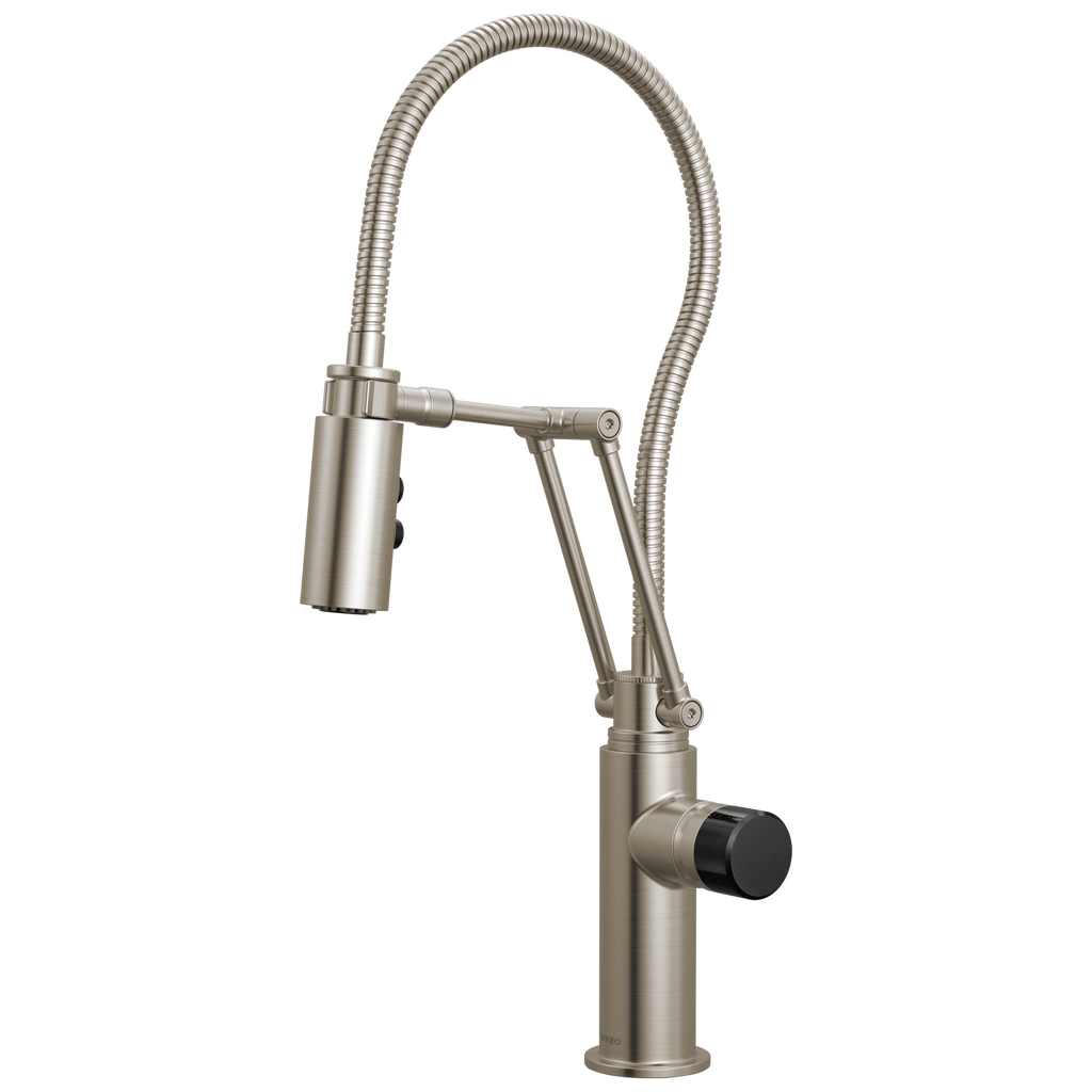 Brizo Odin Mezcladora Articulante con Manguera Integrada — Acero Inoxidable — Perilla con Cristal Negro