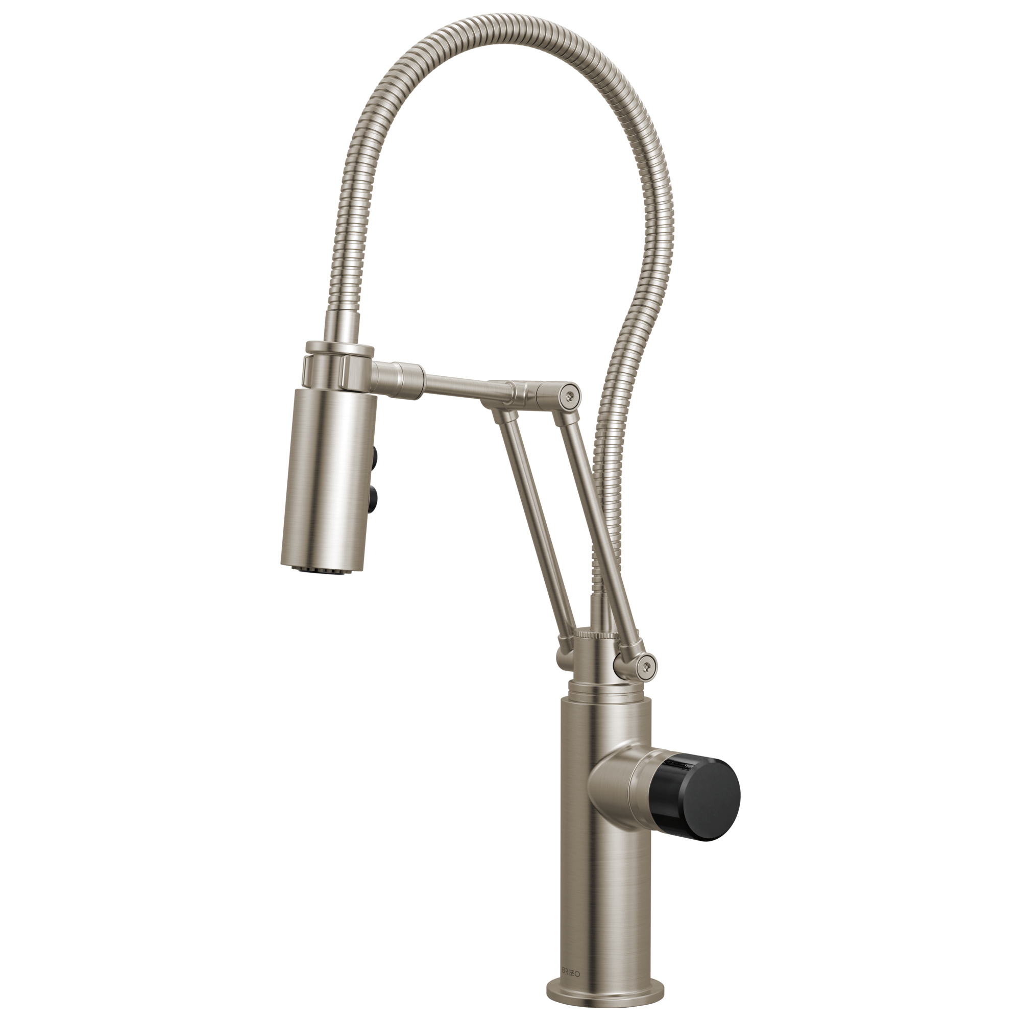 Brizo Odin Mezcladora Articulante con Manguera Integrada — Acero Inoxidable — Perilla con Cristal Negro