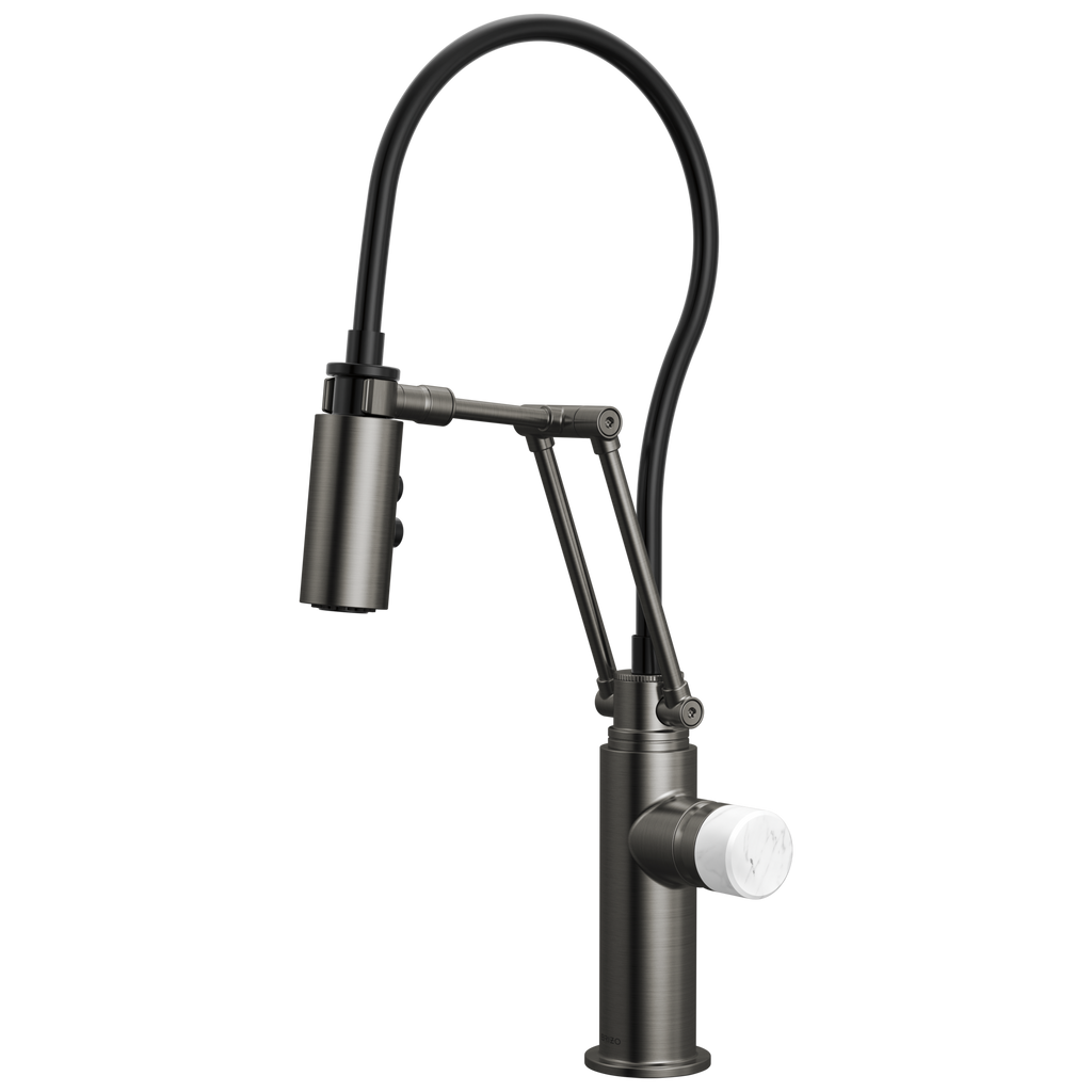 Brizo Odin Mezcladora Articulante — Acero Luxe — Perilla de Mármol Blanco