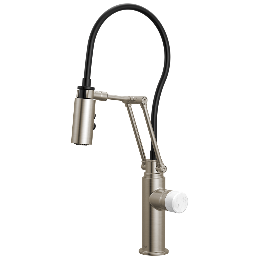 Brizo Odin Mezcladora Articulante — Acero Inoxidable — Perilla de Mármol Blanco