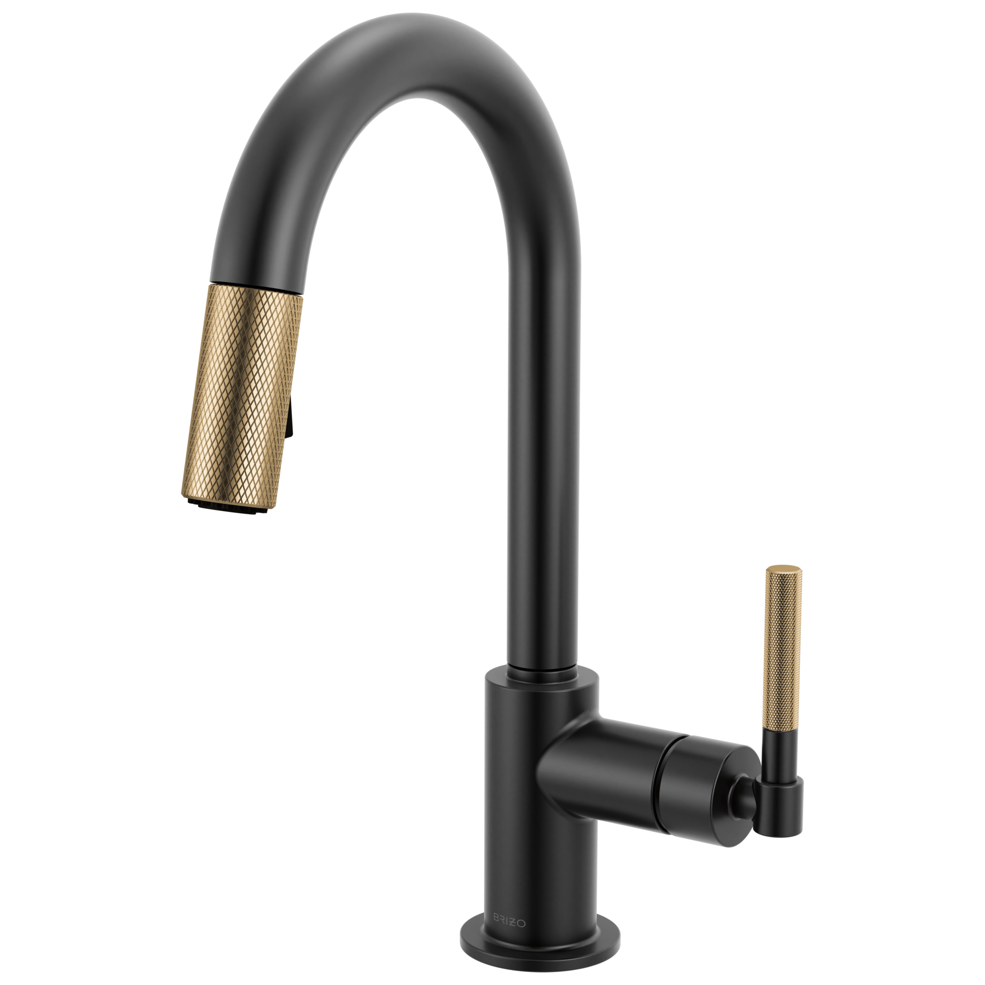Brizo Litze Mezcladora Prep Extraíble — Surtidor en Arco, Manija Knurled — Negro Mate/Oro Luxe