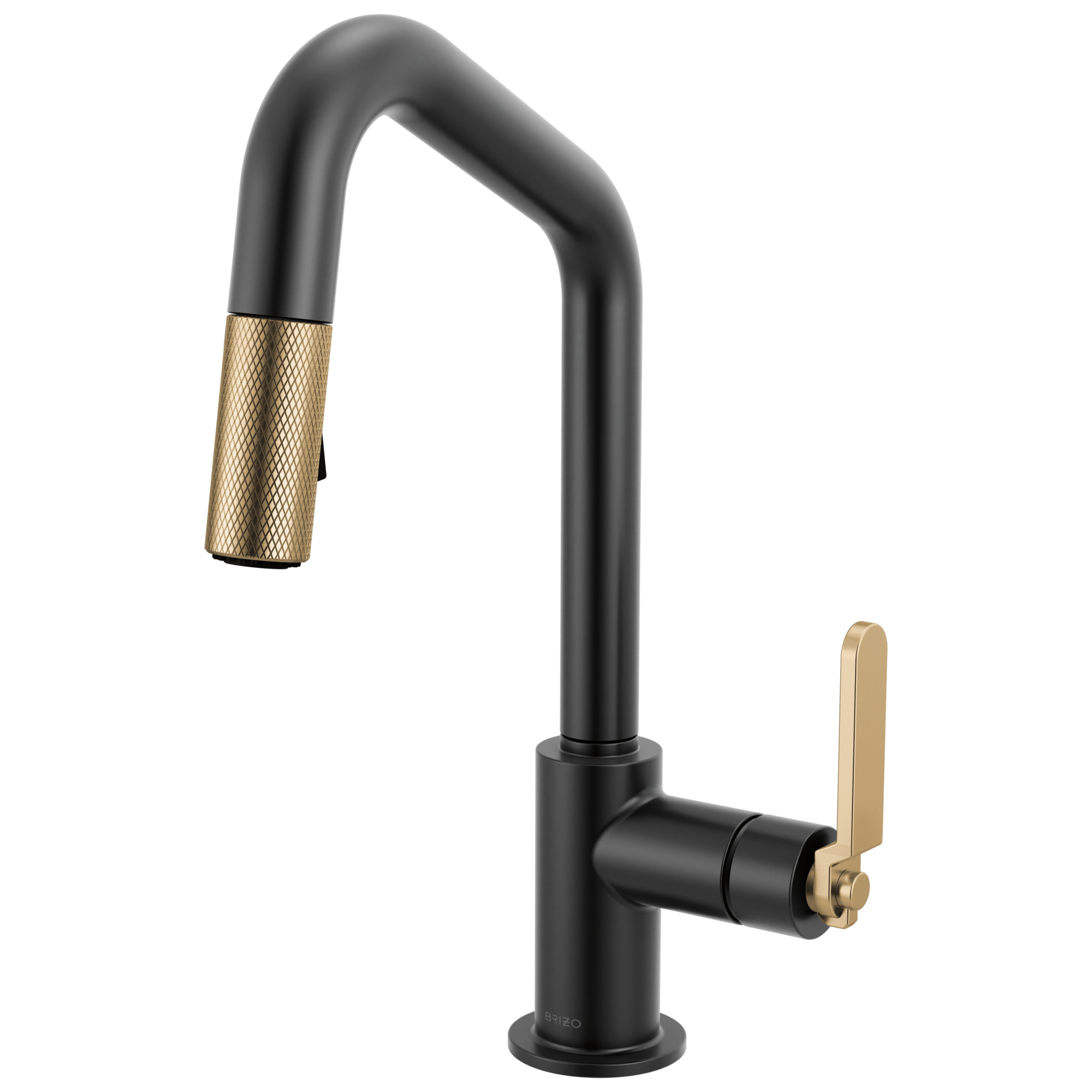 Brizo Litze Mezcladora Prep Extraíble — Surtidor en Ángulo, Manija Industrial — Negro Mate/Oro Luxe