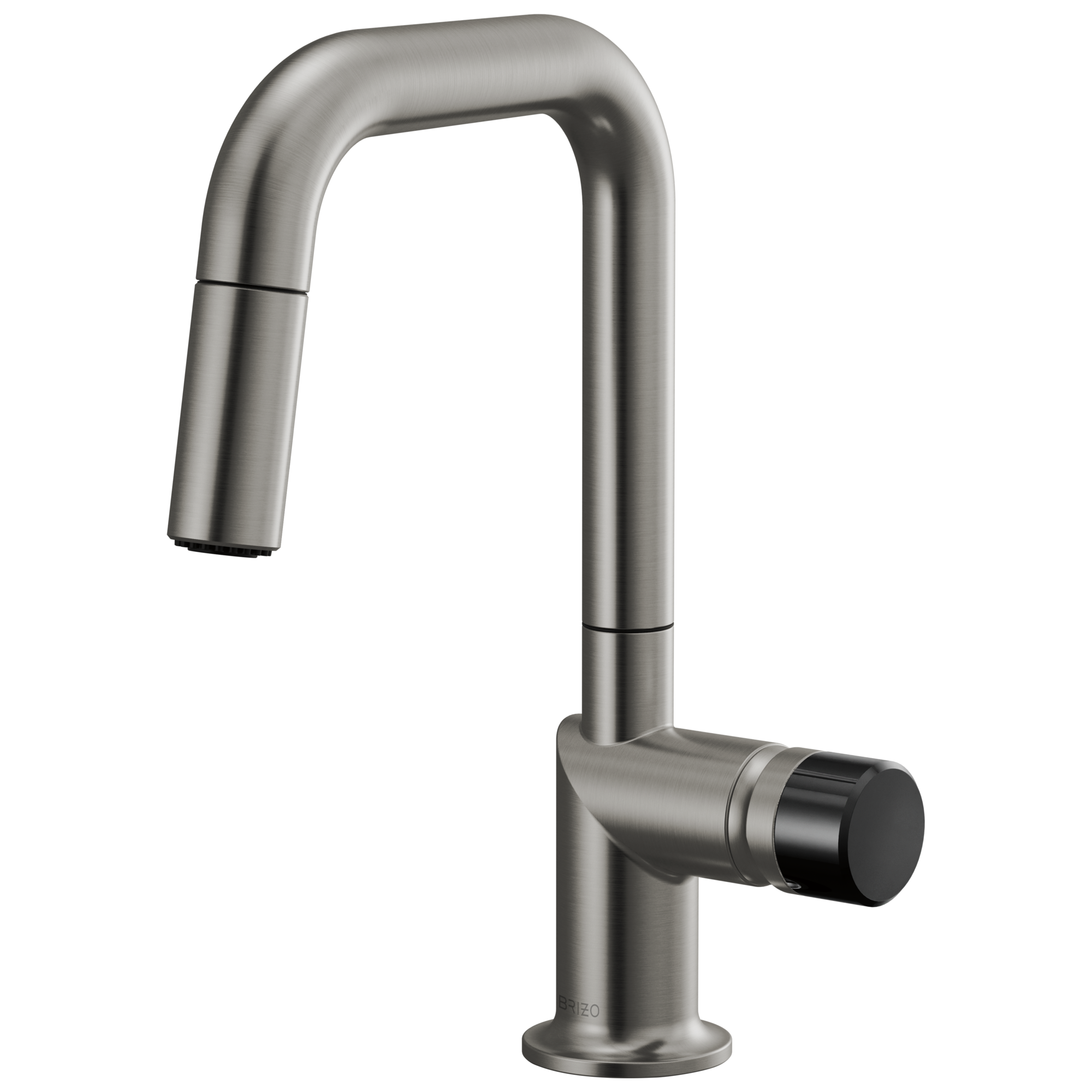 Brizo Odin Mezcladora Prep Extraíble — Surtidor Cuadrado — Acero Luxe — Perilla con Cristal Negro