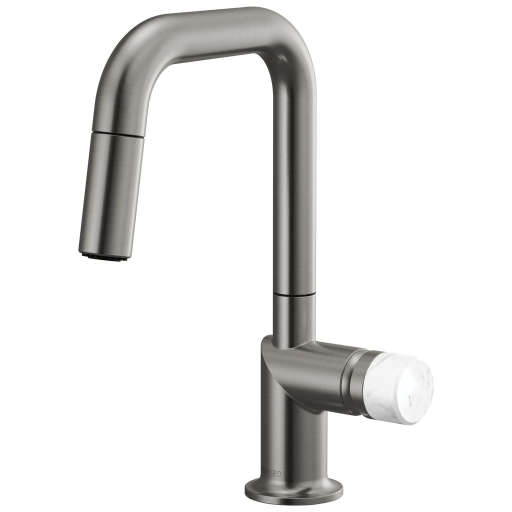 Brizo Odin Mezcladora Prep Extraíble — Surtidor Cuadrado — Acero Luxe — Perilla de Mármol Blanco