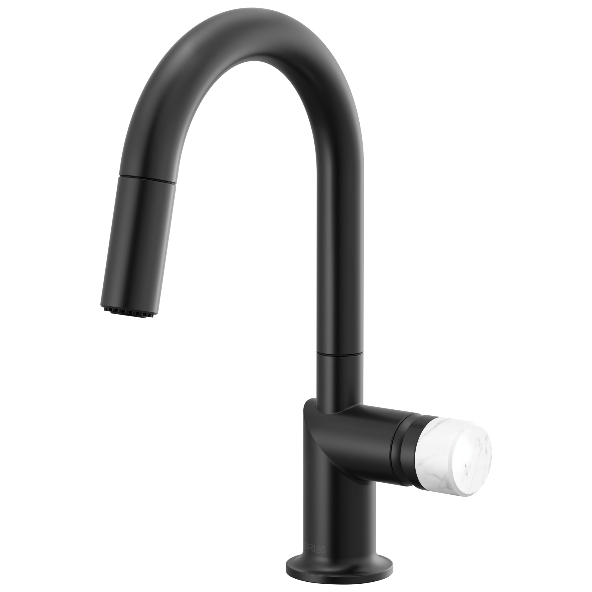 Brizo Odin Mezcladora Prep Extraíble — Surtidor en Arco — Negro Mate — Perilla de Mármol Blanco