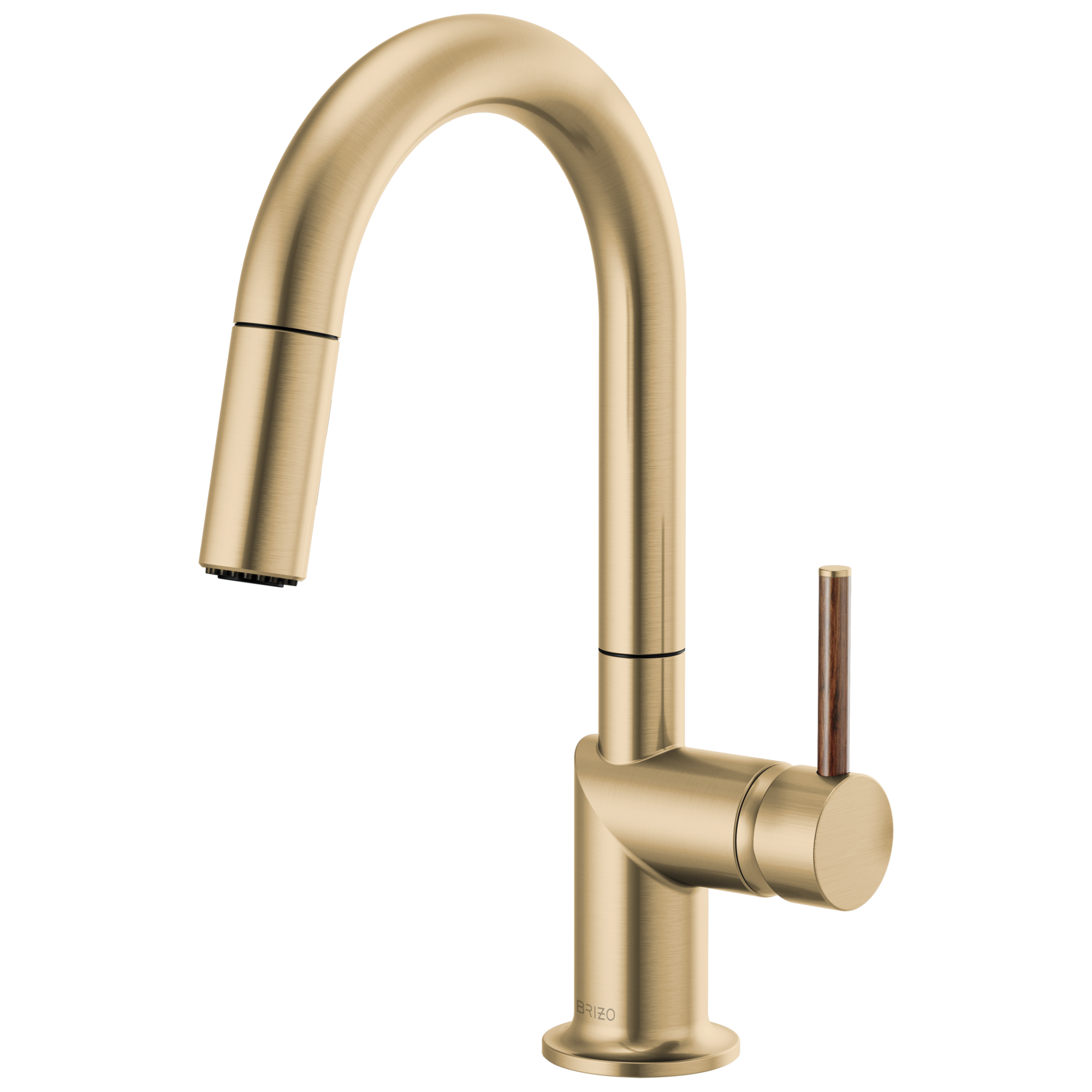 Brizo Odin Mezcladora Prep Extraíble — Surtidor en Arco — Oro Luxe — Manija de Madera