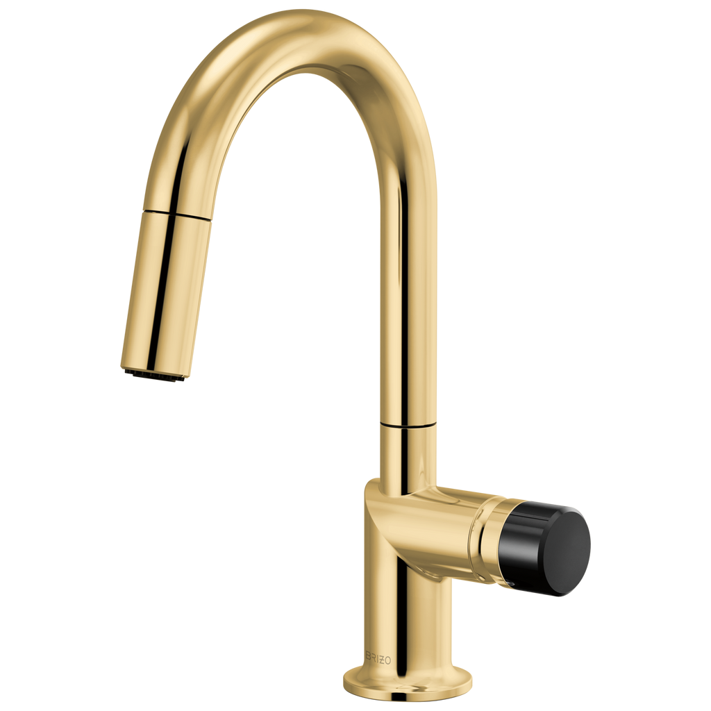 Brizo Odin Mezcladora Prep Extraíble — Surtidor en Arco — Oro Pulido — Perilla con Cristal Negro