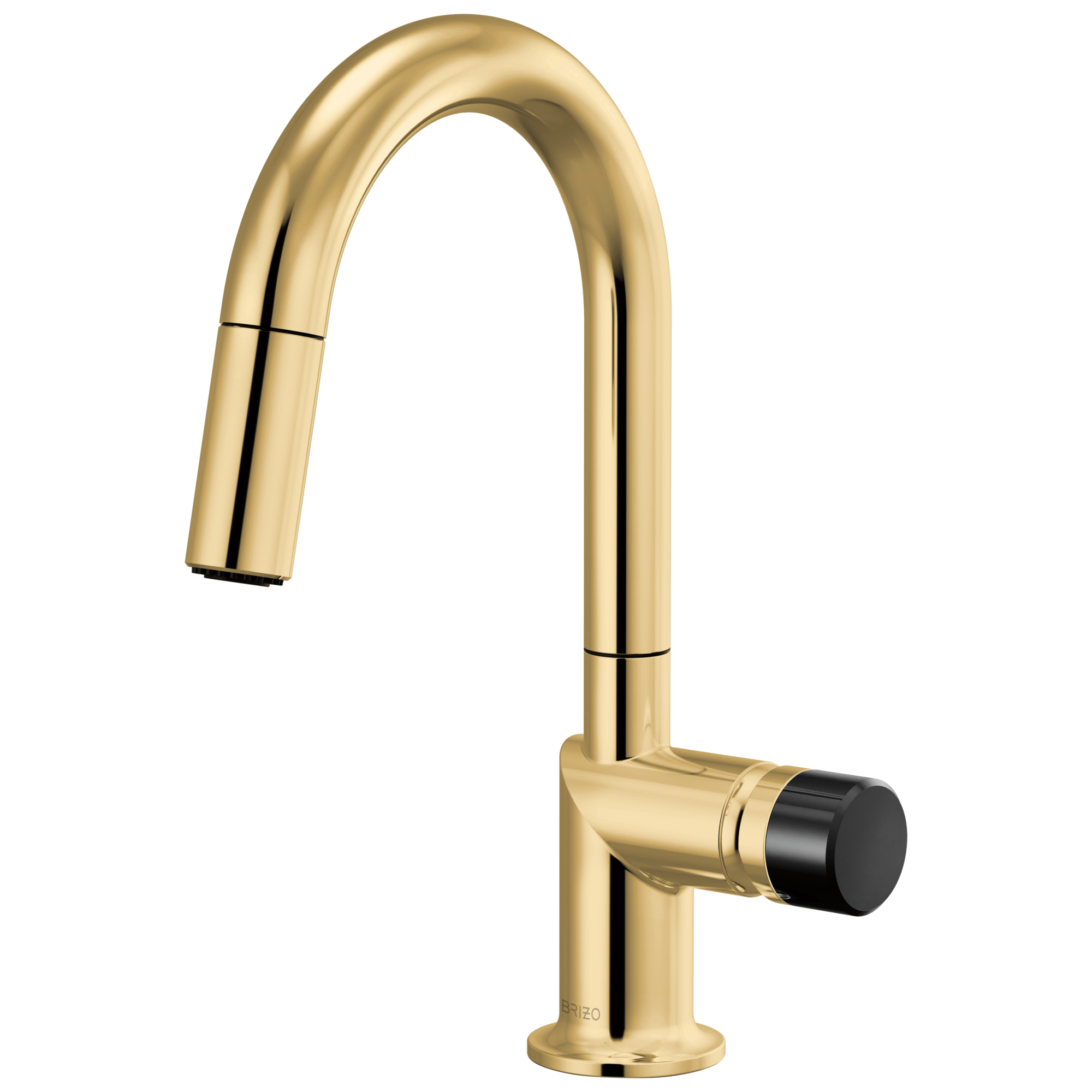 Brizo Odin Mezcladora Prep Extraíble — Surtidor en Arco — Oro Pulido — Perilla con Cristal Negro