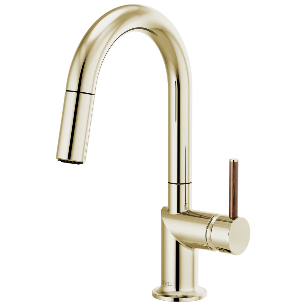 Brizo Odin Mezcladora Prep Extraíble — Surtidor en Arco — Níquel Pulido — Manija de Madera
