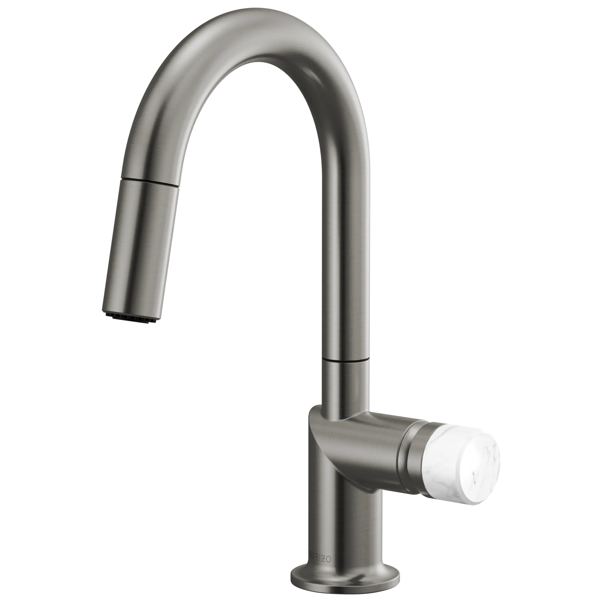 Brizo Odin Mezcladora Prep Extraíble — Surtidor en Arco — Acero Luxe — Perilla de Mármol Blanco