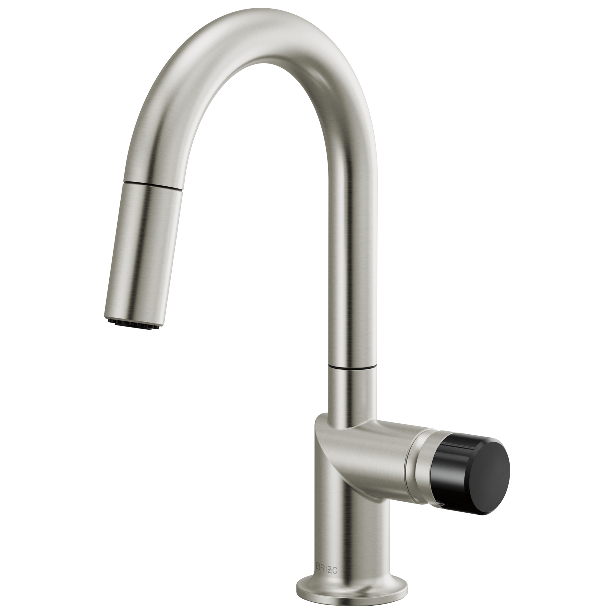 Brizo Odin Mezcladora Prep Extraíble — Surtidor en Arco — Acero Inoxidable — Perilla con Cristal Negro