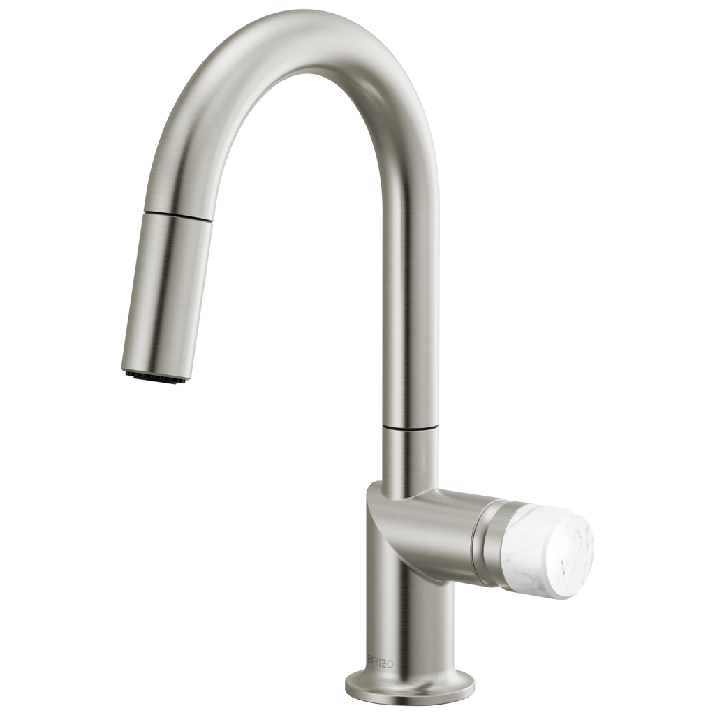 Brizo Odin Mezcladora Prep Extraíble — Surtidor en Arco — Acero Inoxidable — Perilla de Mármol Blanco