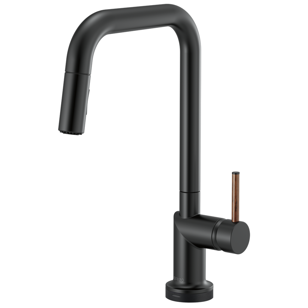Brizo Odin Mezcladora Extraíble SmartTouch® — Surtidor Cuadrado — Negro Mate — Manija de Madera