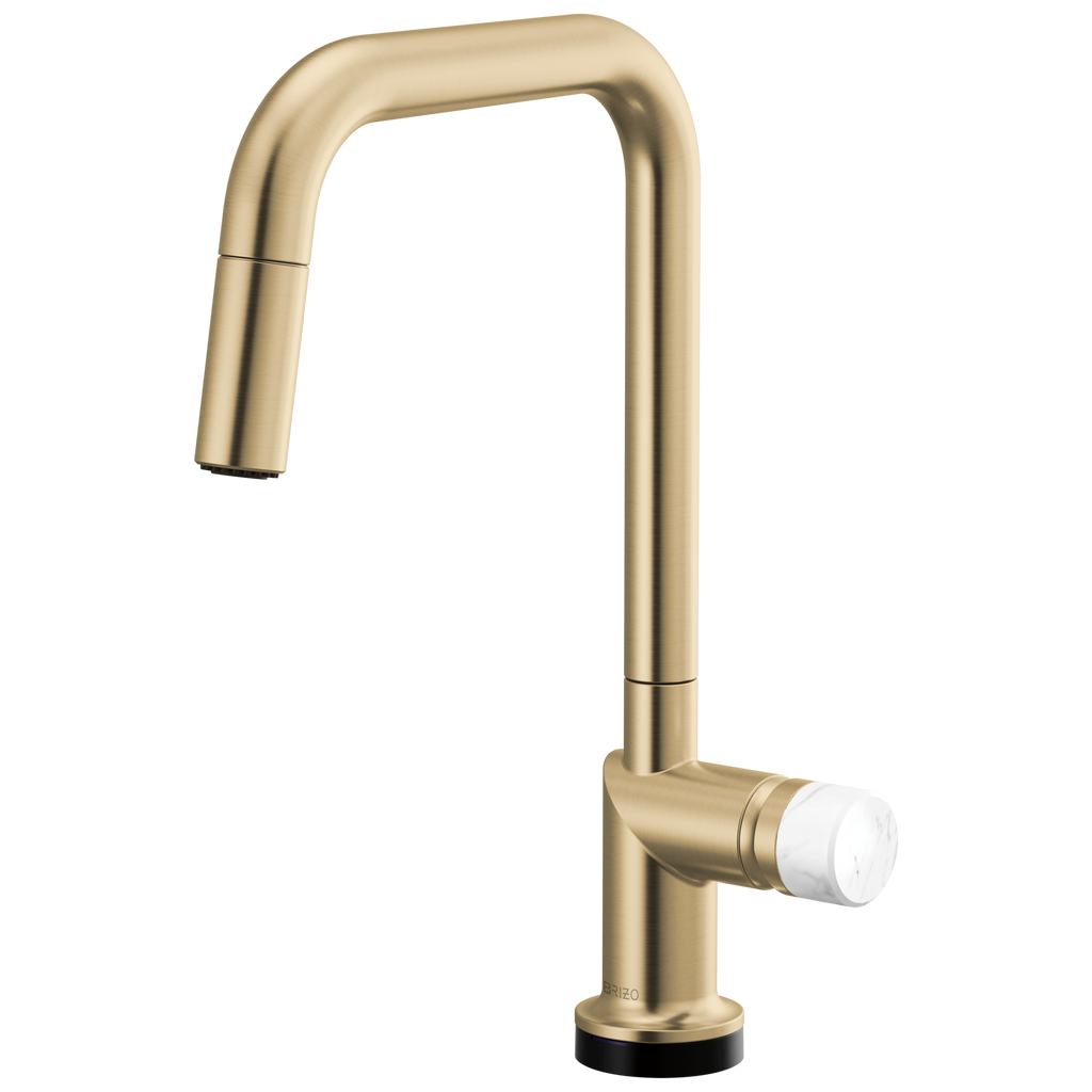 Brizo Odin Mezcladora Extraíble SmartTouch® — Surtidor Cuadrado — Oro Luxe — Perilla de Mármol Blanco